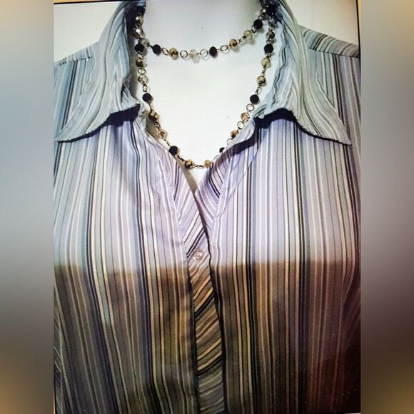 #195 DCC Woman Plus Blue Striped Zip Front 1/2 Sleeve Collared Blouse - Picture 5 of 7